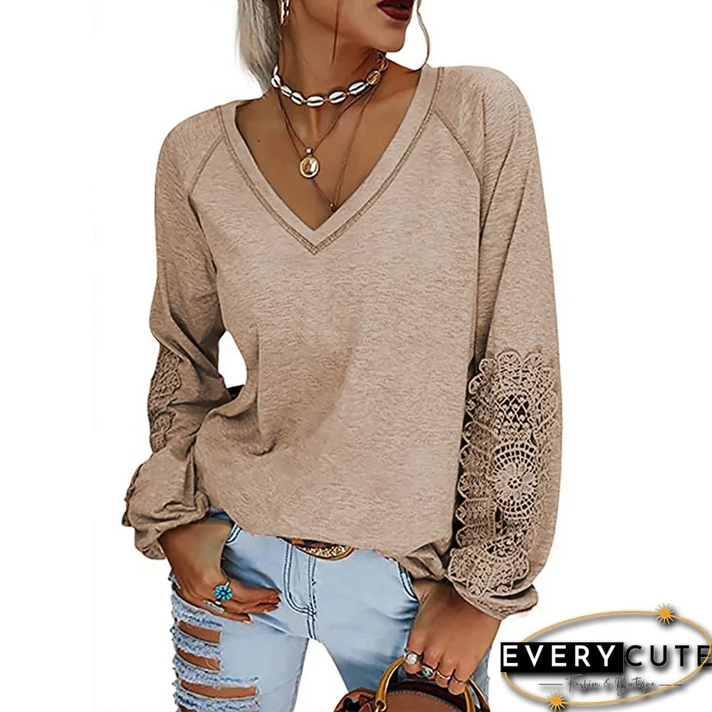 Khaki Splice Lace Lantern Long Sleeve Top