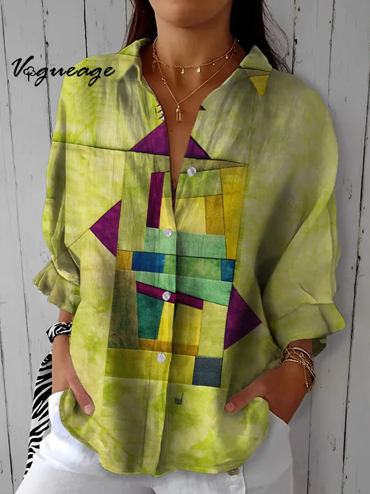 Collection Graphic Stitching Printed Three-Quarter Sleeves Cotton And Linen Shirt