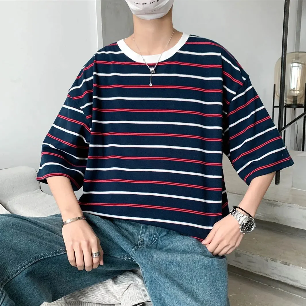 Aonga - Cotton Men's Short Sleeve Striped T-shirt Korean Style Loose O Neck Streetwear Pullover Basic Soft Comfort Half Sleeve T Shirts