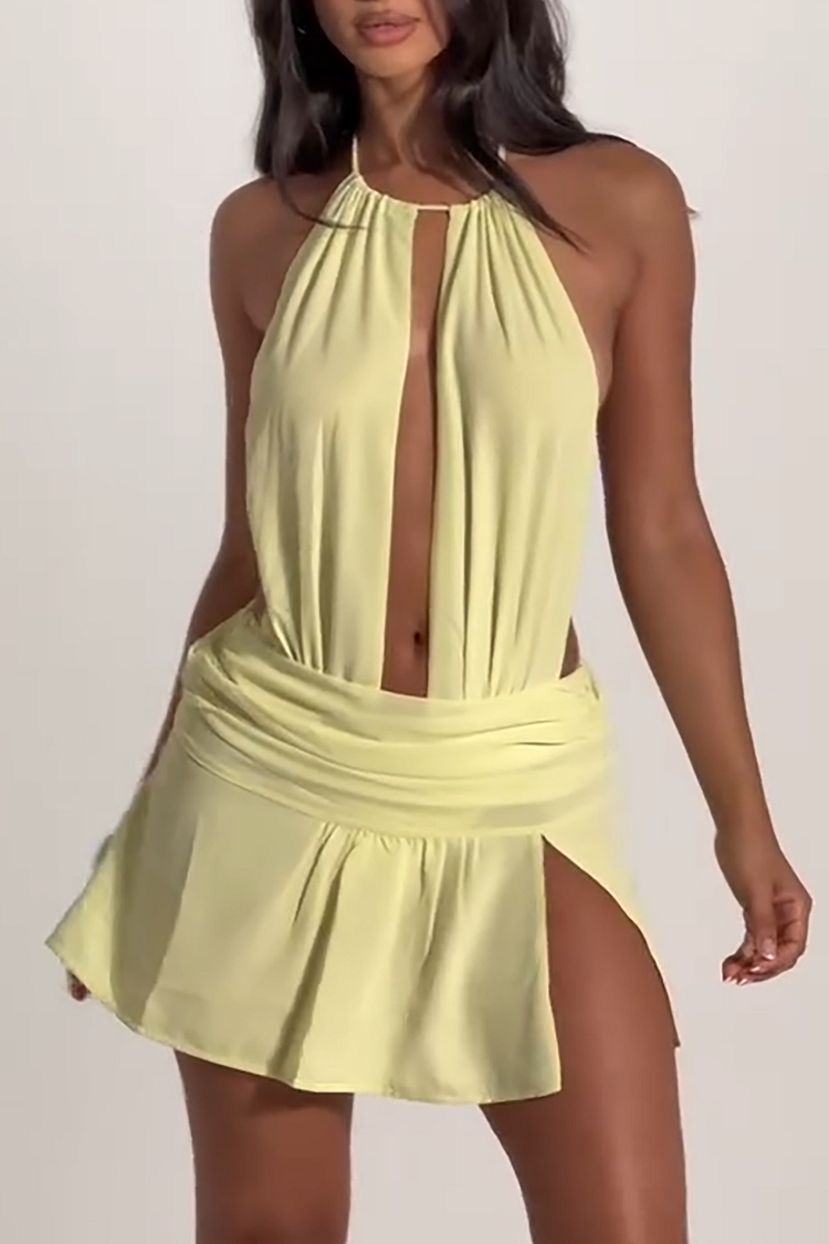 Cutout Halter Open Back Ruched Slit Mini Dresses-Yellow [Pre Order]