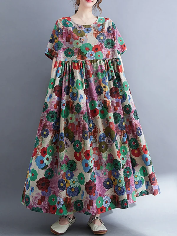 Artistic Retro Floral Printed Pleated Midi Dress