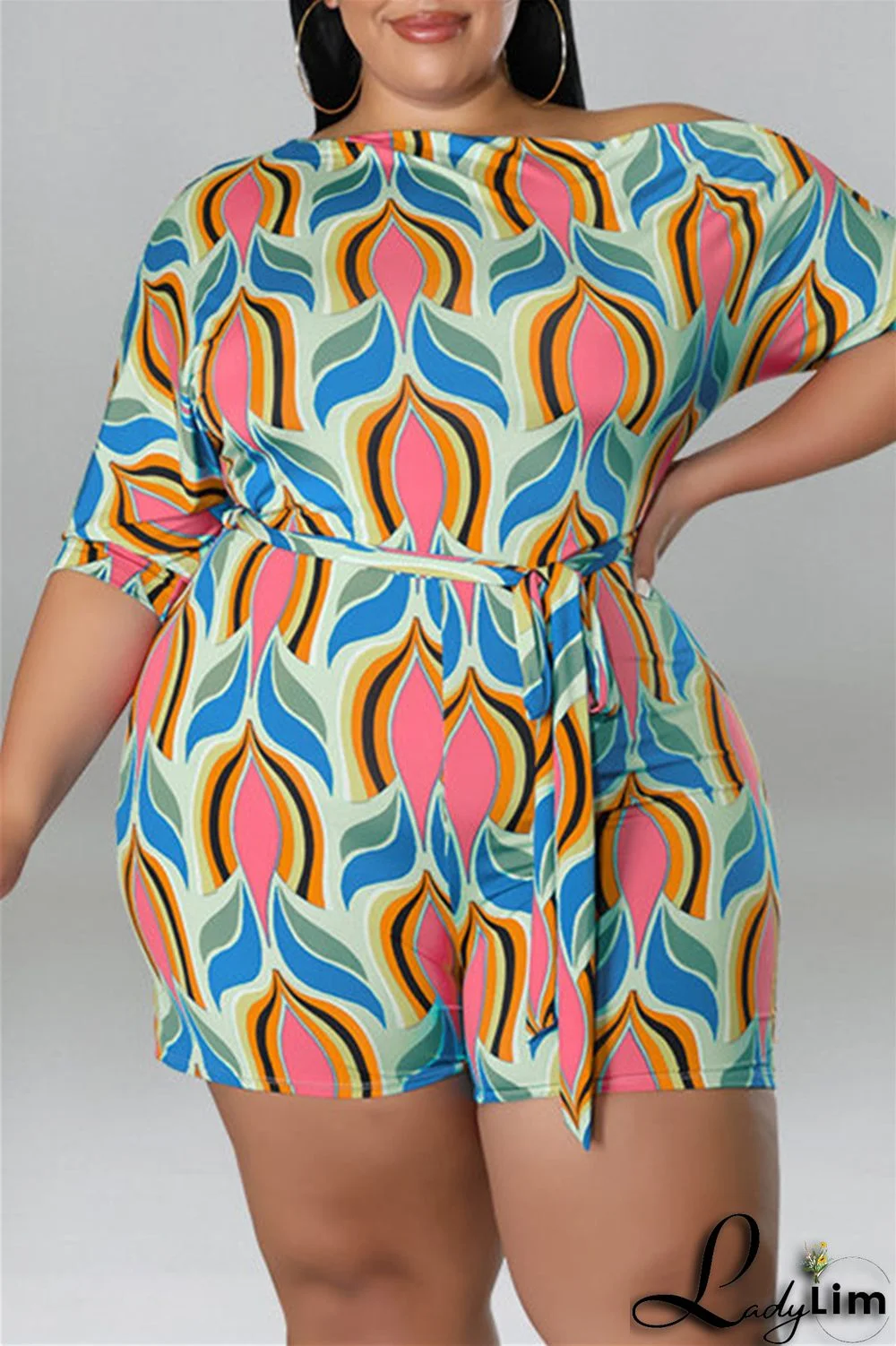 Cyan Fashion Casual Print Basic Oblique Collar Plus Size Romper