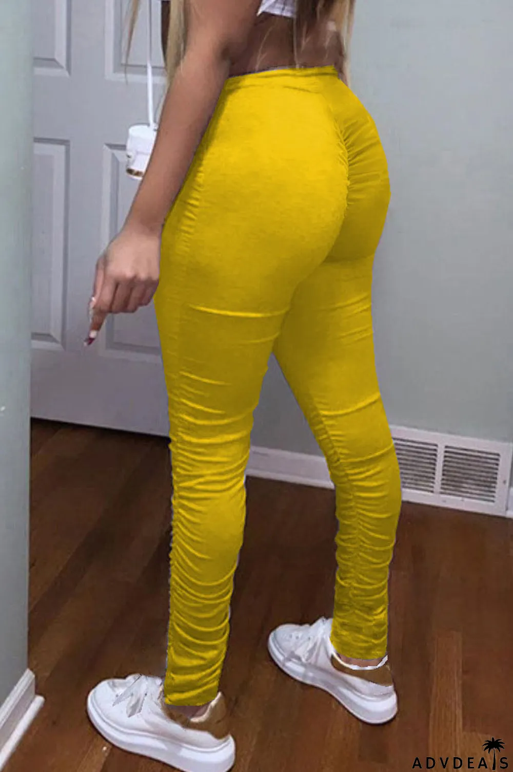 Blue Cotton Elastic Fly High Solid Draped pencil Pants Bottoms