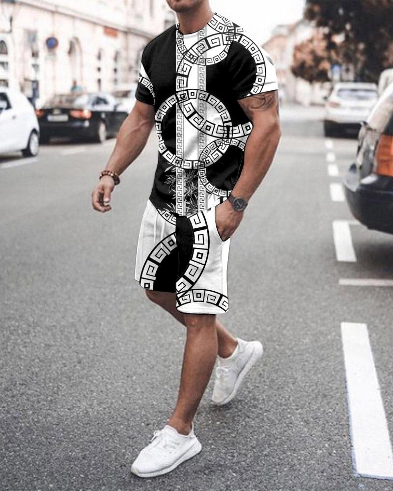 Men's Sports Black-white Abstract Printed Shorts Suit
