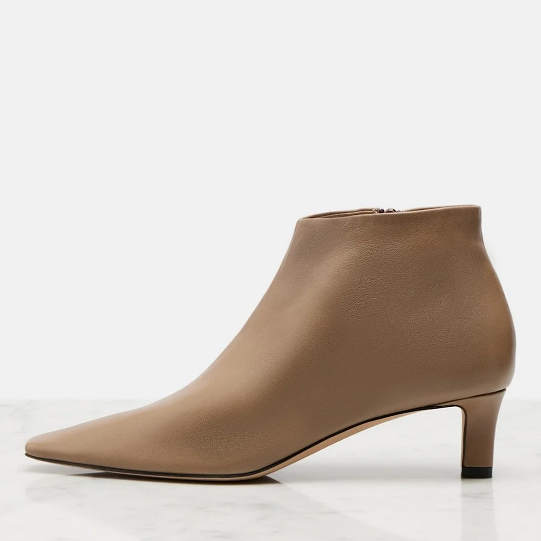 Women's Square Toe Low Kitten Heel Tan Zipper Short Booties