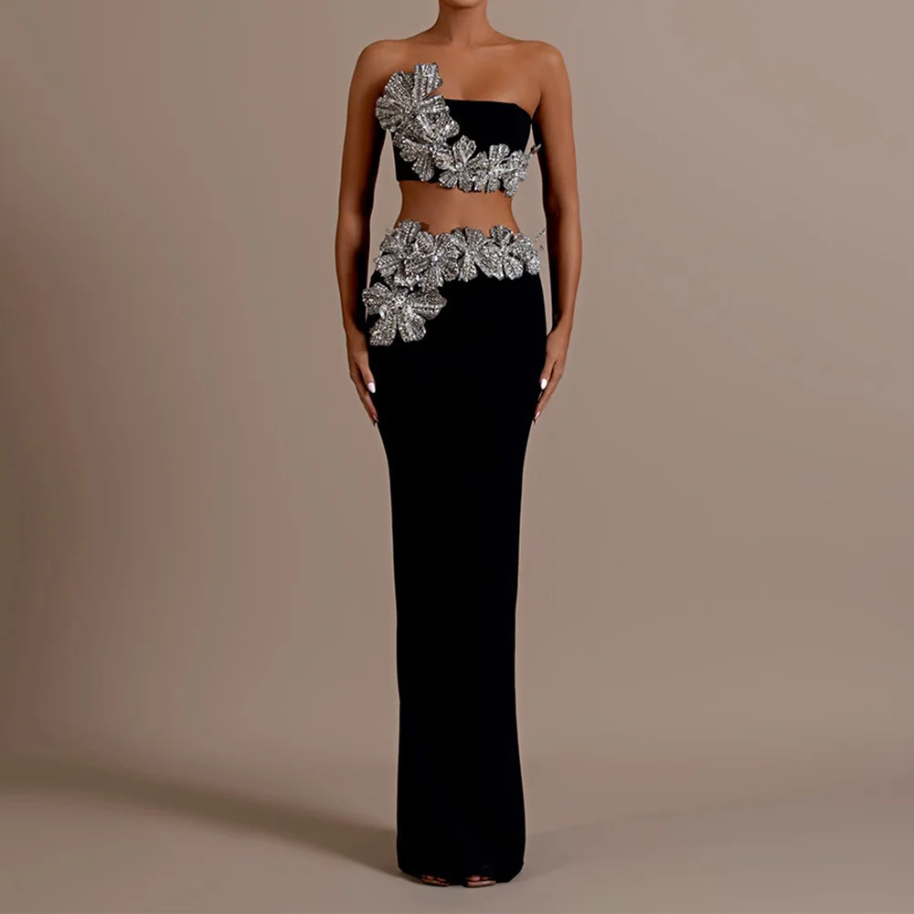 Completo due pezzi con gonna a tubino sexy con fiori di diamanti alla moda