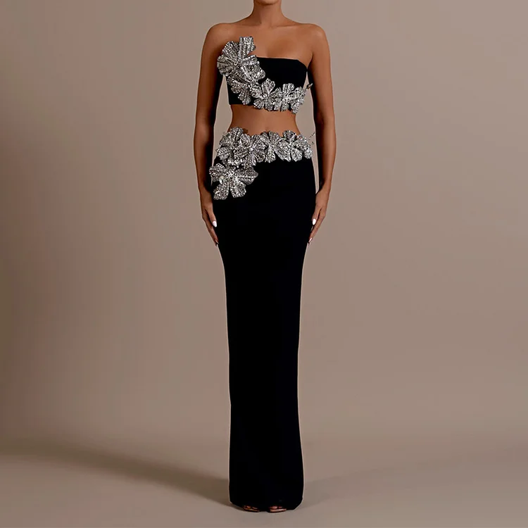 Simpfit Modisches, sexy Tube-Top und Rock mit Diamant-Blumenmuster, zweiteiliges Set