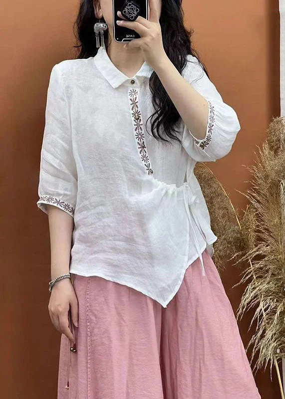 Women White Embroideried Lace Up Patchwork Linen Shirt Top Summer