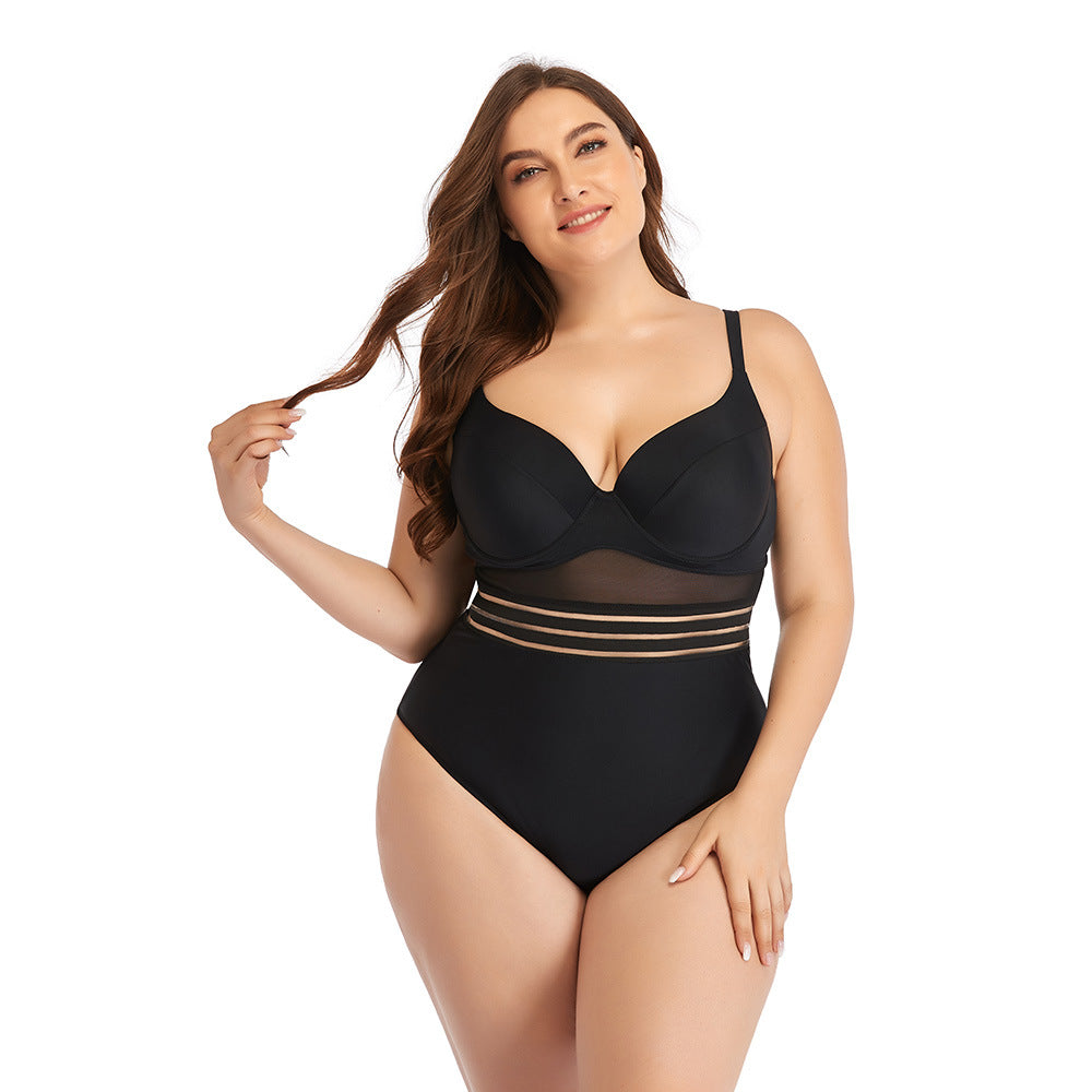 Plus Size Swimsuit Women One-Piece plus-Sized Mesh Hollow Out Cutout Plain Bikini