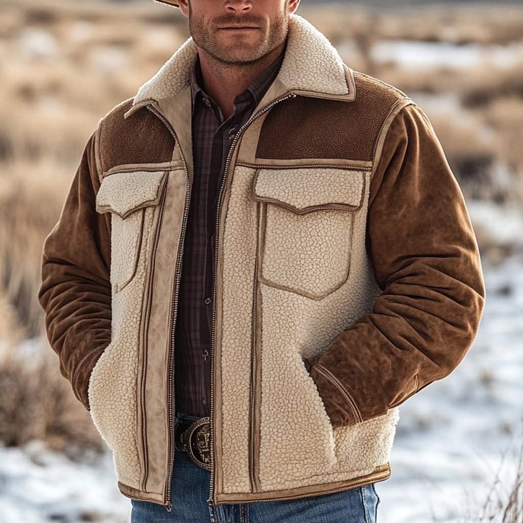 Men's Vintage Suede Patchwork Fleece Fur Lapel Collar Outdoor Bomber Jacket-inspireuse