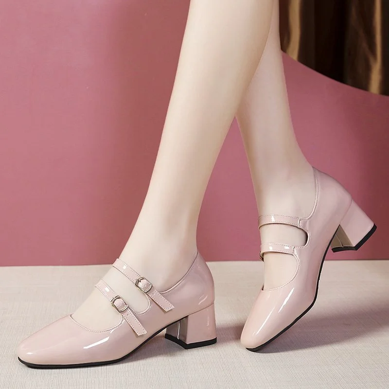Back To School 2022 Spring Autumn Women Double Buckle Mary Janes Shoes Patent Leather Dress Shoes High Heels Pumps Retro Ladies Shoe Black Red