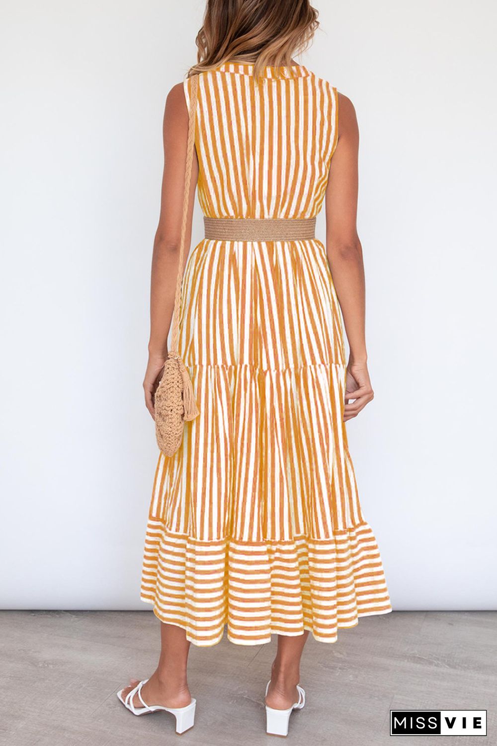 Casual Elegant Striped Flounce Without Belt V Neck A Line Dresses