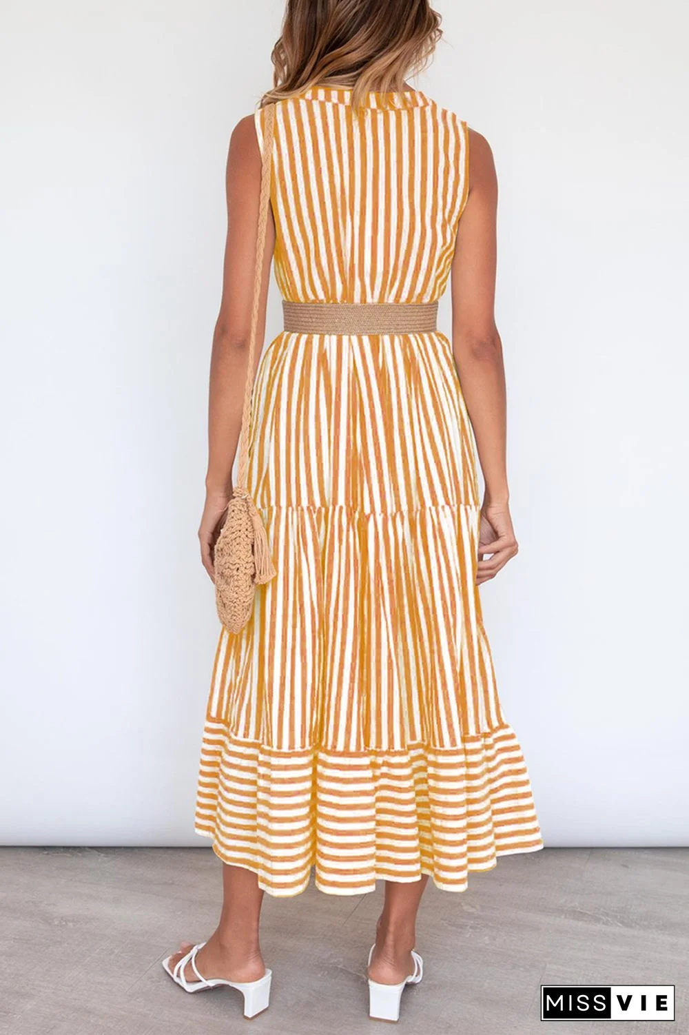 Casual Elegant Striped Flounce Without Belt V Neck A Line Dresses