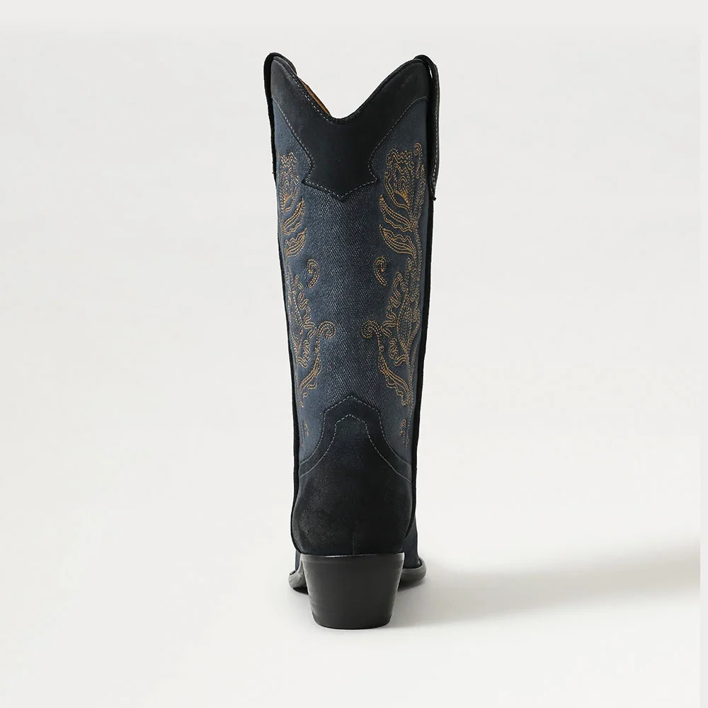 Women's Navy Closed Toe Block Heel Floral Embroidered Cowboy Boots