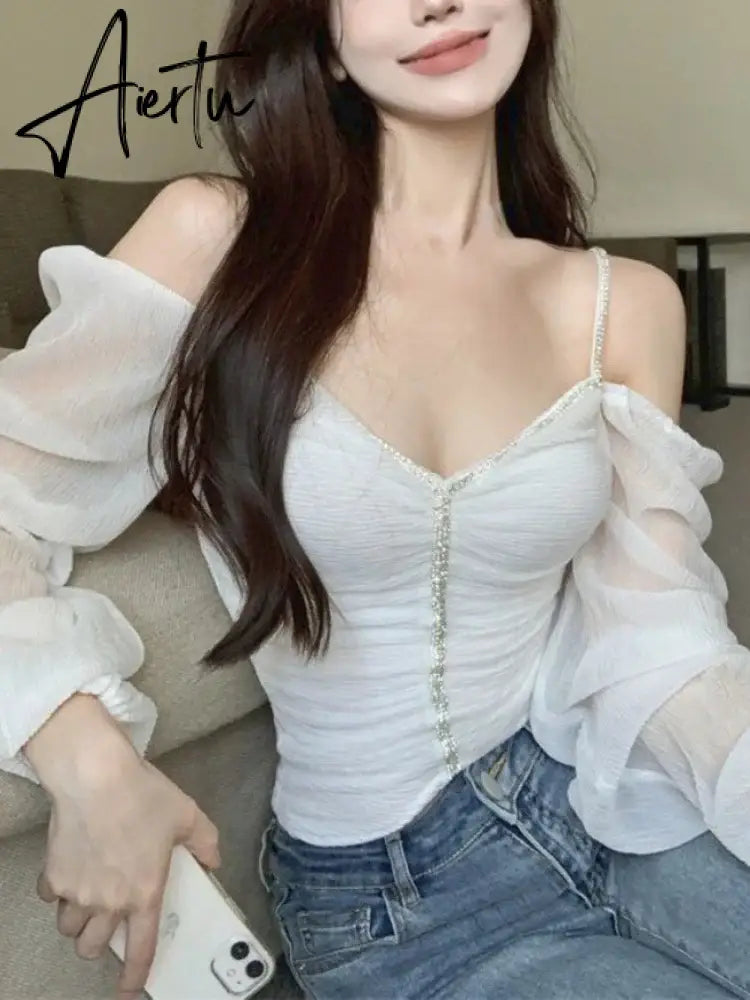 Aiertu Autumn Pink Sexy Elegant Blouse Women Ruffled Backless Korean Designer Tops Female Puff Sleeve Fashion Casual Blouse 2023 New Aiertu