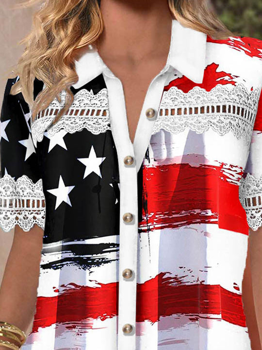 Women Short Sleeve V-neck Striped Star Printed Graphic Lace Hollow Stitching Button Tops