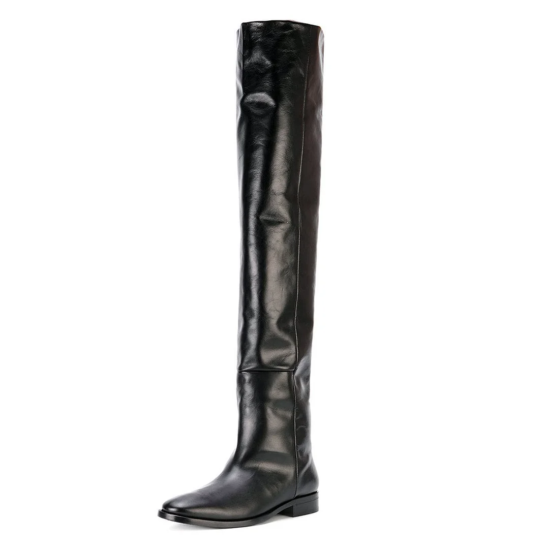 Black Vegan Leather Almond Toe Pull-On Thigh-High Boots for Women
