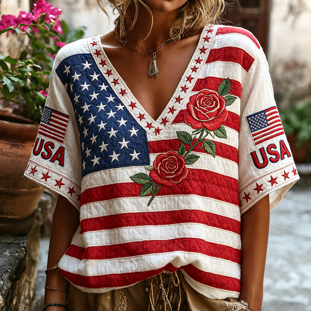  Women's Floral And Flag Embroidered Art Cotton Linen V-neck Short Sleeve Top Westsshops