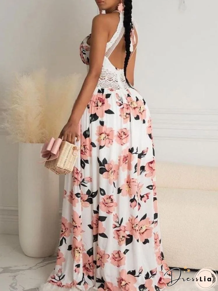 Halter Floral Print Crisscross Backless Maxi Dress