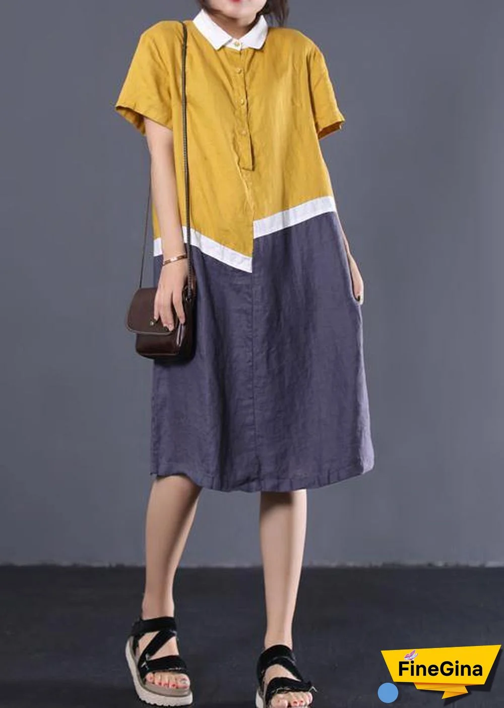 Modern asymmetric patchwork linen clothes Women Neckline yellow POLO collar cotton Dresses summer