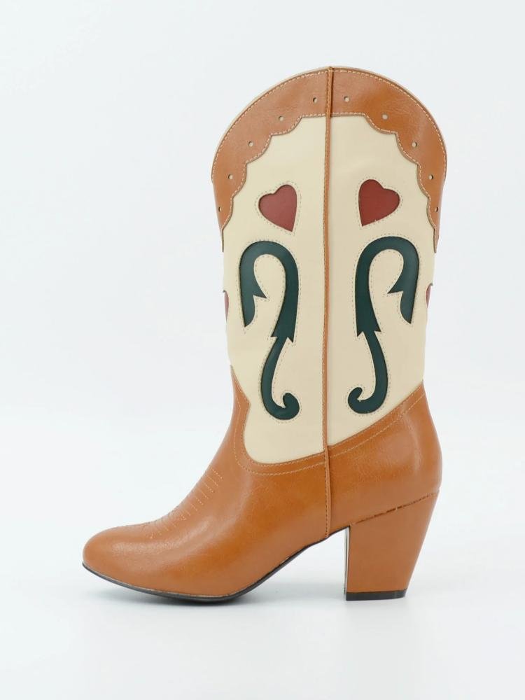 Heart Stitch Round Toe Slanted Heel Western Mid Calf Boots