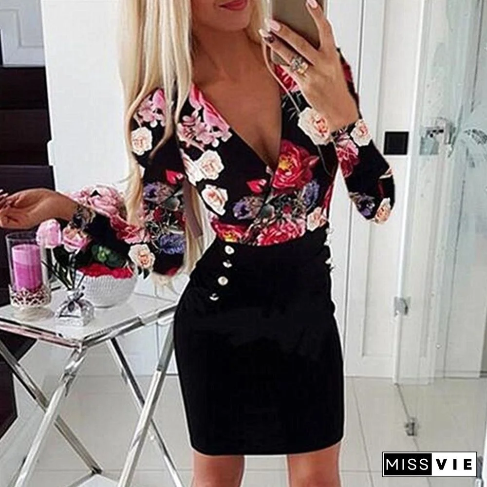 Women Clothing Floral Printed Slim Long Sleeve Plus Size Dress Ladies Deep V-neck Package Hip Dresses