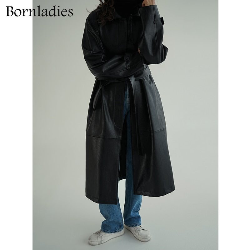 Bornladies 2022 Autumn Winter Temperament Long Leather Jacket Oversized Women Overcoat Belted PU Trench Coat Faux Leather Coat