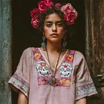 Day Of The Dead Pink Sugar Skull Floral Embroidered Linen Shirt - Image 2