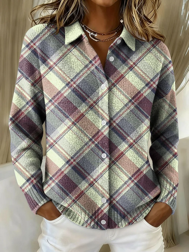 Classic plaid decorative pattern Women's Casual Shirt Collar Sweater
