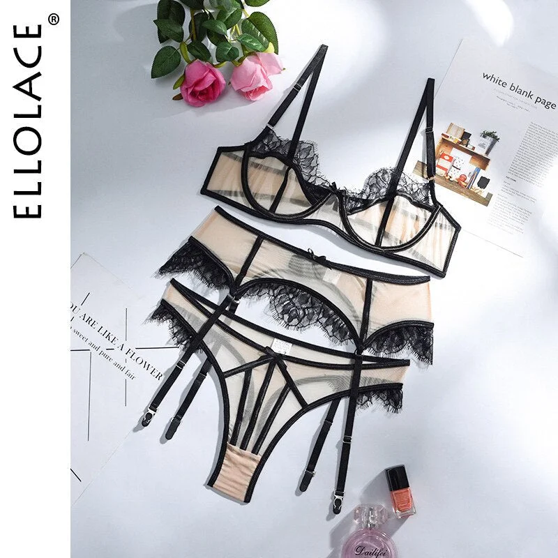 Ellolace Sexy Sensual Lingerie 3 Piece Transparent Patchwork Lace Underwear Push up Underwire Bra Set Lace Exotic Intimate 530-1