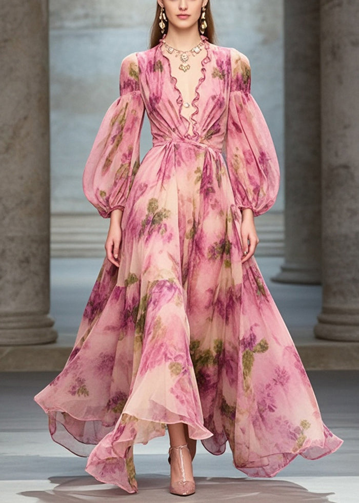 VCSHOES Rose Ruffled Print Exra Large Hem Chiffon Party Dresses Fall