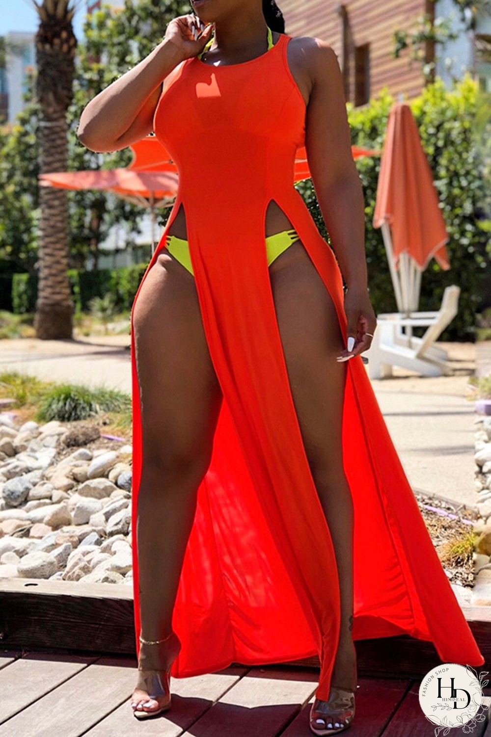 Tangerine Sexy Solid High Opening O Neck Irregular Dresses