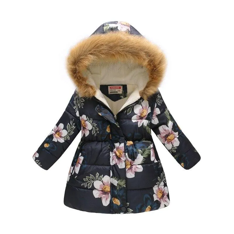 Thicken Winter Girls Jackets Fashion Printed Hooded Outerwear For Kids Internal Plus Velvet Warm Girls Coats Christmas Present