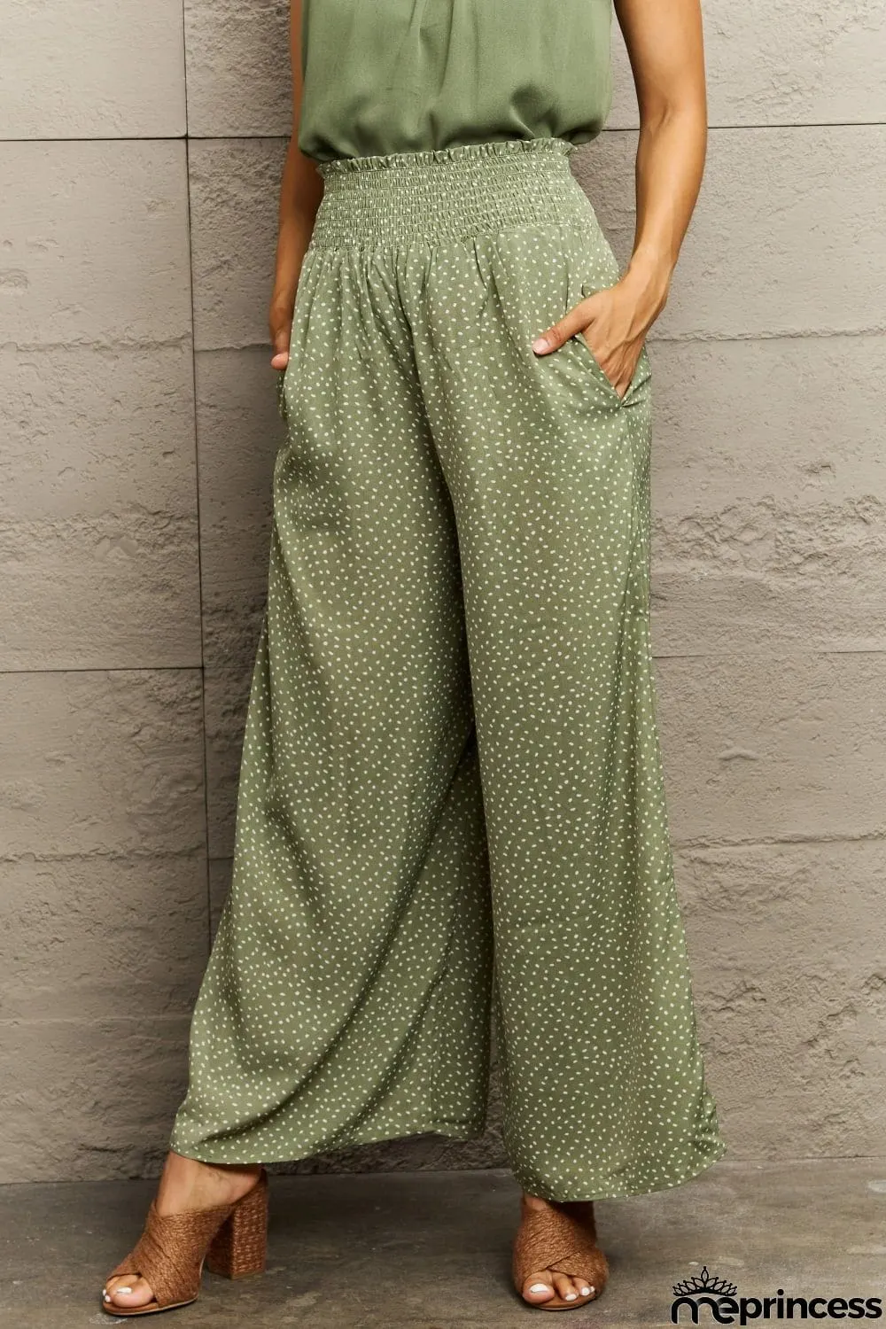 Smocked Waist Wide Leg Printed Long Pants
