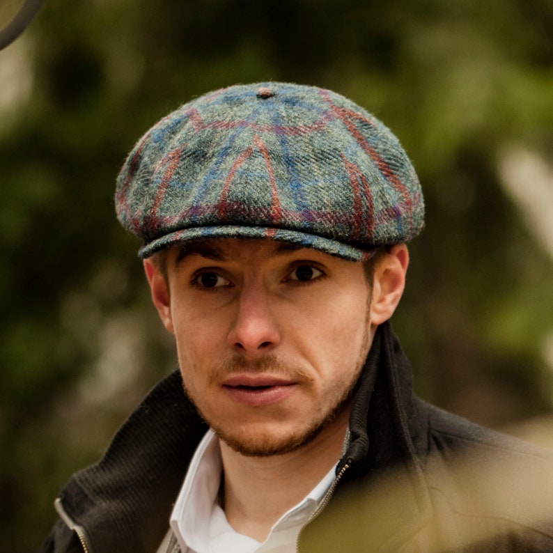 SHELBY Harris Tweed Genuine Scottish 8 Panels Newsboy PEAKED  Cap Applejack Bandit Hooligan Vintage Gangster Wool Fall Hat GRAY-BLUE