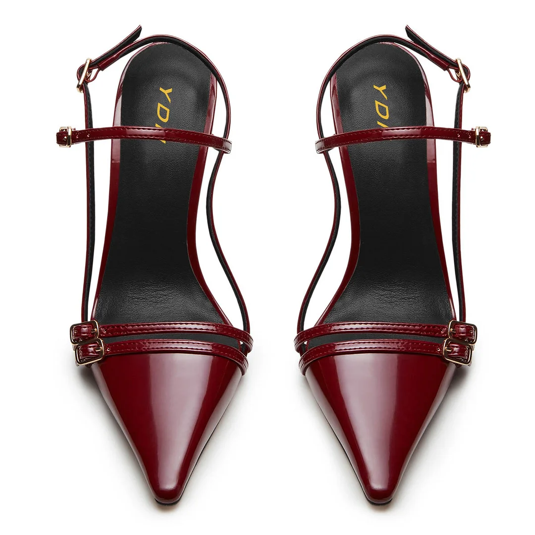 Burgundy Patent Leather Pointed Toe Buckled Strappy Slingback Heels