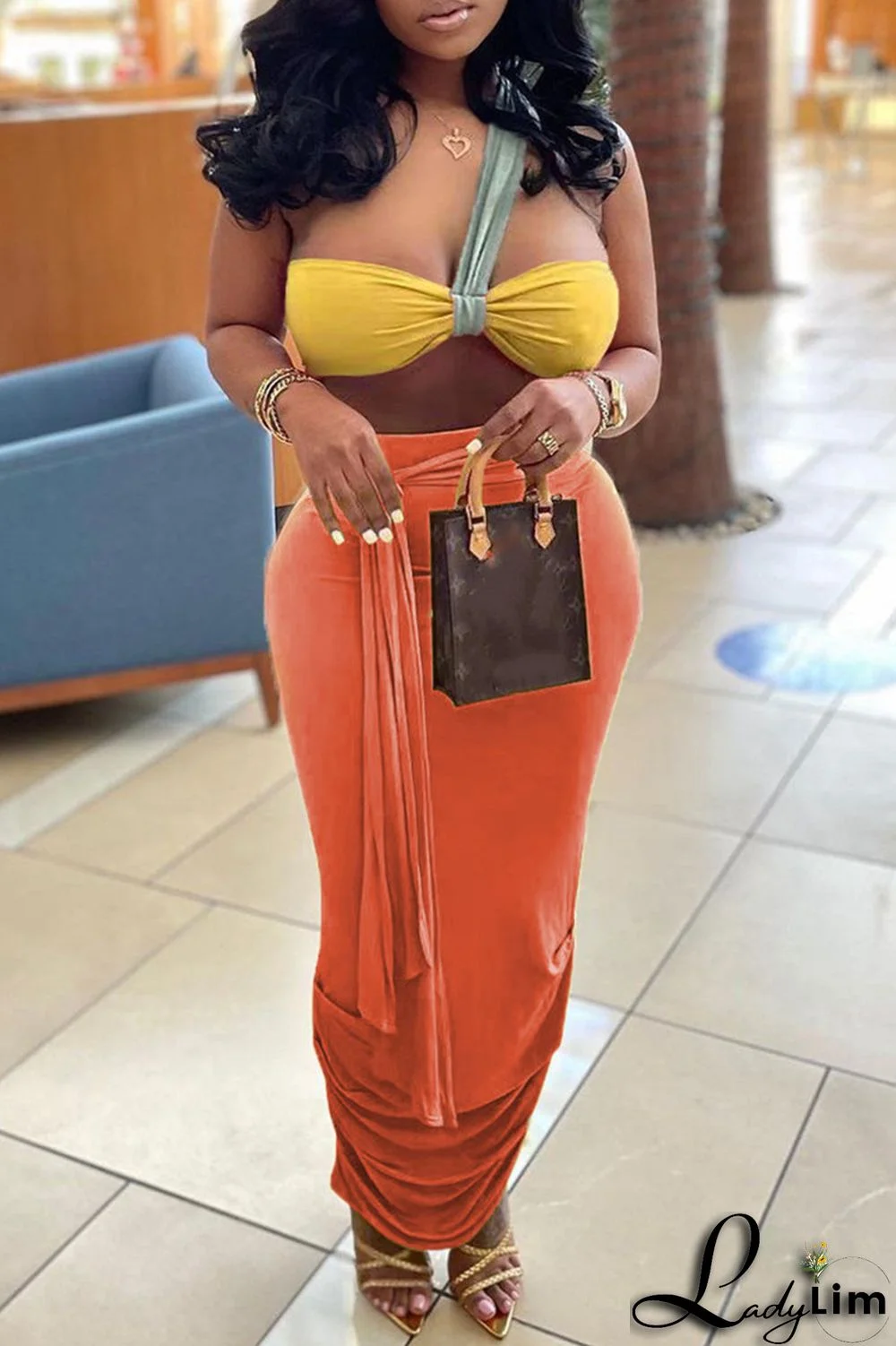 Orange Fashion Sexy Solid Split Joint Backless Strapless Sleeveless Two Pieces