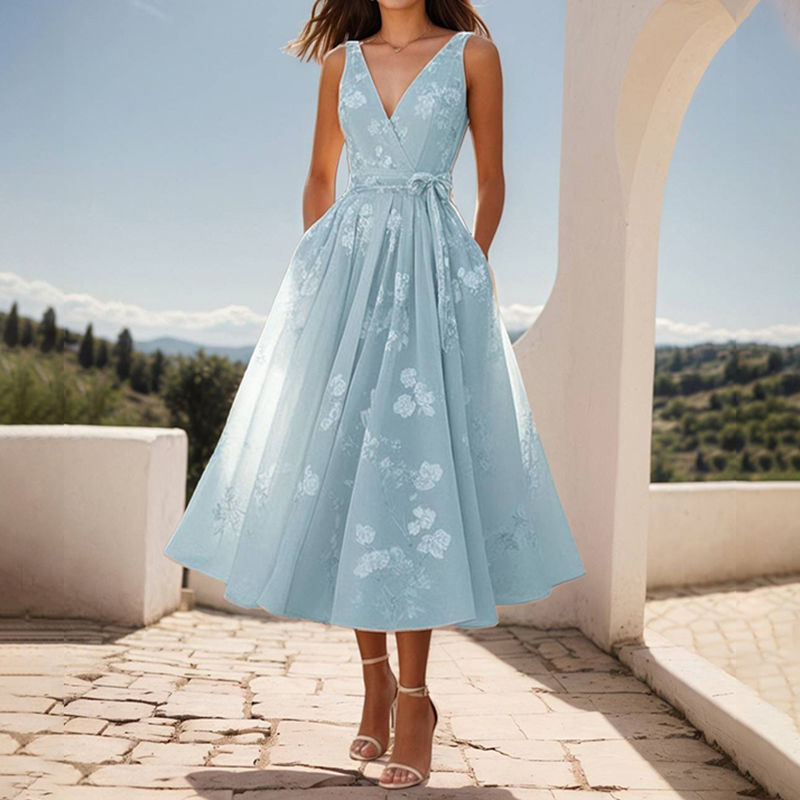Women's Bow Belt Digital Print Sleeveless V-neck Midi Dress elevenforest