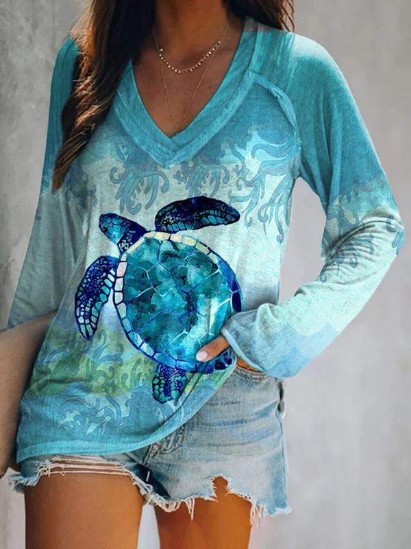 Women's Casual Sea ​​Turtle Print Long Sleeve T-Shirt.