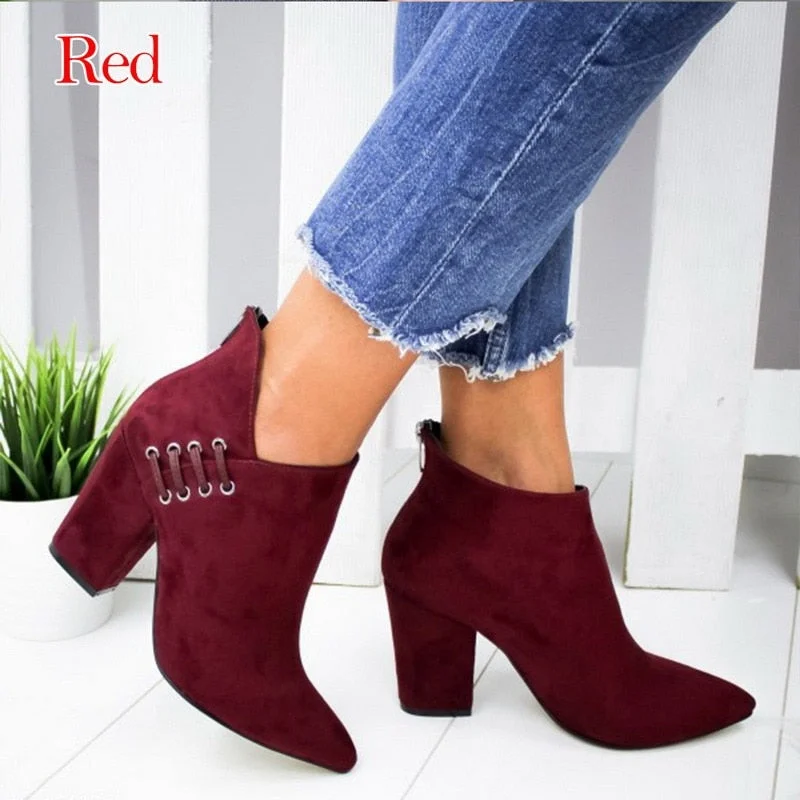 Fashion Chain Women's Boots Leather Heels Back Zipper Woman Boots Pointed High Heels Shoes For Women 2021 Ankle Boots Female