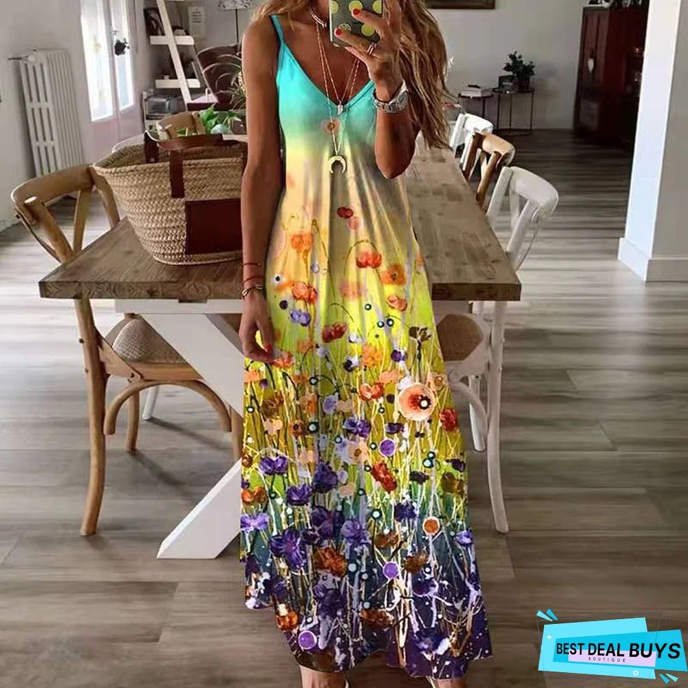 V-Neck Fashion Printed Loose Suspender Dress