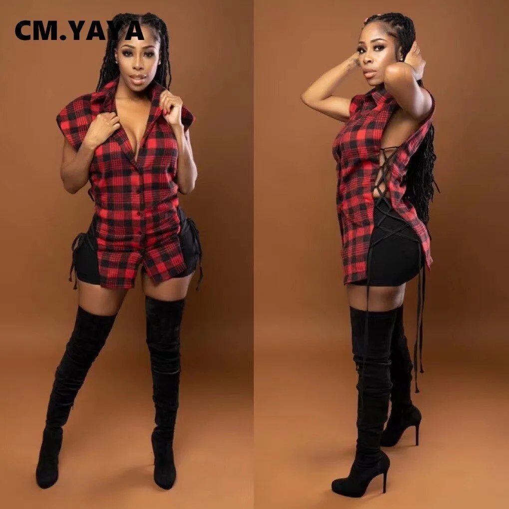 CM.YAYA Women Plaid Lace Up Side Hollow Out Sexy Shirts Tops Elegant Streetwear Fashion Single Breasted Turn-down Neck Blouses
