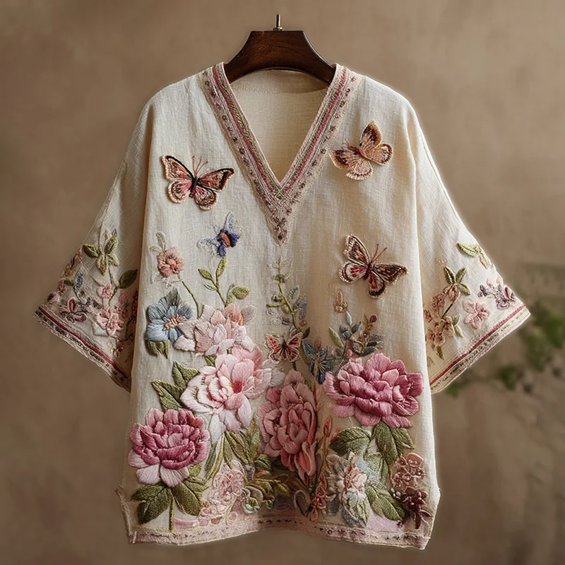Cozy Pink Floral Butterfly Embroidery Short Sleeve Linen Three-quarter Sleeves Shirt