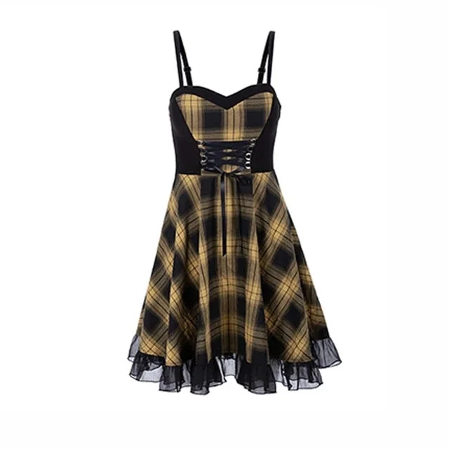 Plaid Lace Up Waist Sling Strap Dress