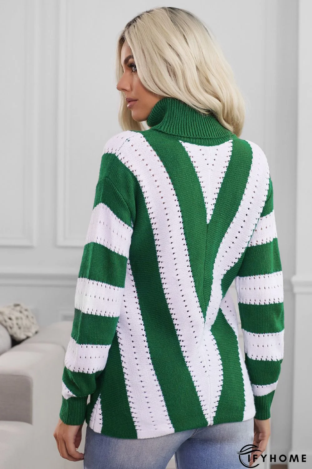 Green Striped Color Block Turtleneck Knitted Sweater | IFYHOME
