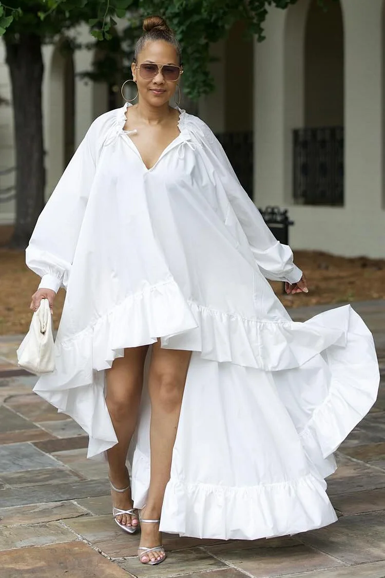 Lantern Sleeve Ruffle Trim Oversize Maxi Mullet Dresses-White