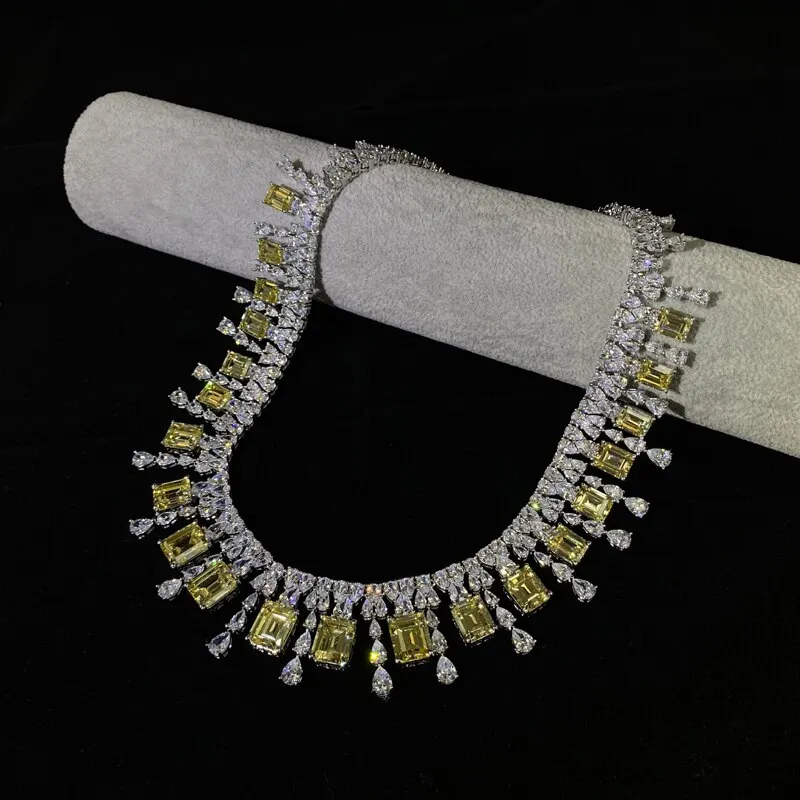 100% 925 Sterling Silver Sparkling Topaz Full High Carbon Diamond Bridal Necklace Earrings Sets Wedding Party Fine Jewelry