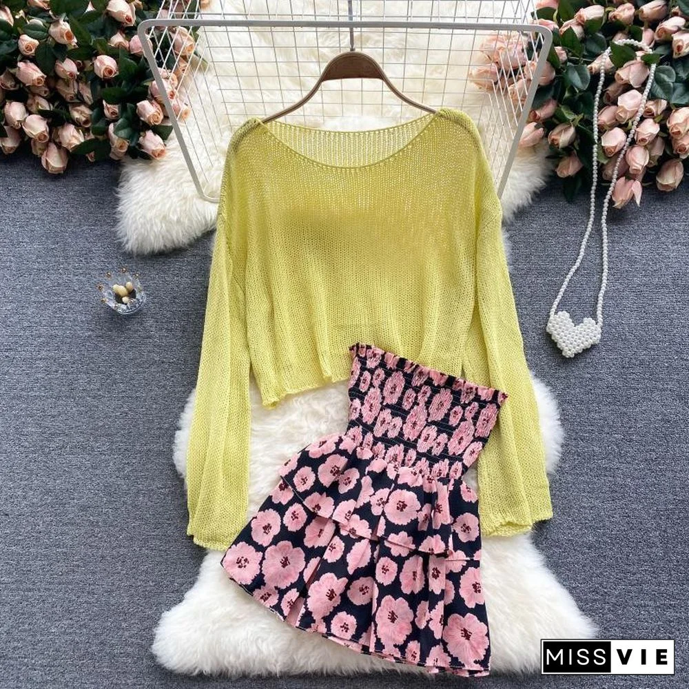 Long Sleeve Knit Tee+Floral Skirt P13316