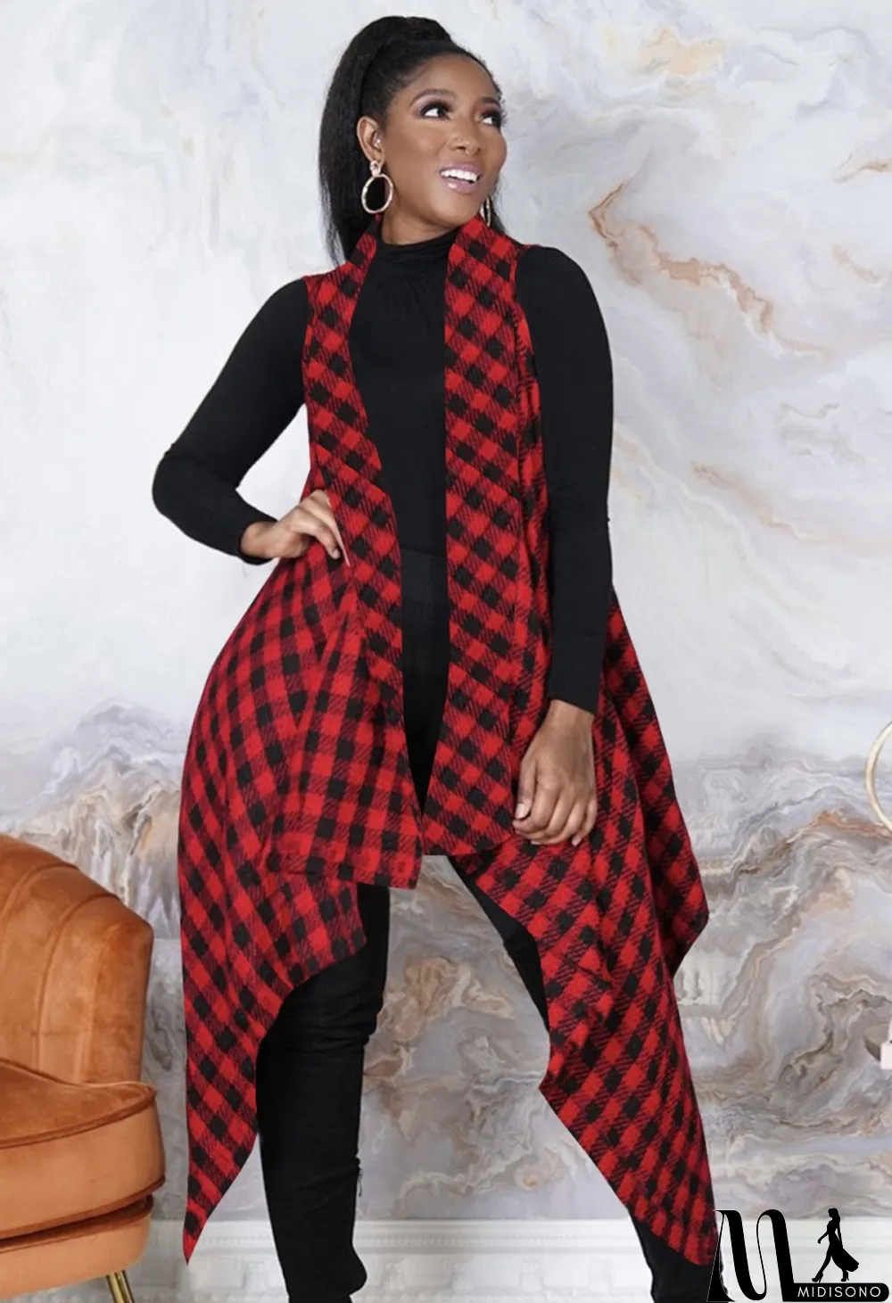 MidiSono - Spring Casual Red Plaid Cotton Irregular Long Vest Coat