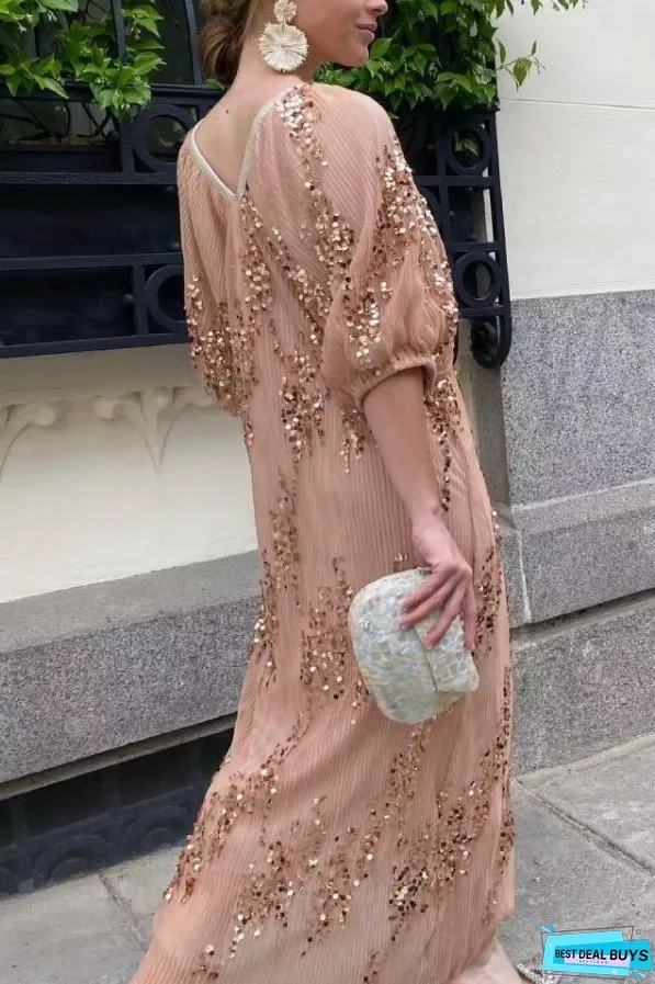 Batwing Sleeve Sequined Deep V Neck Long Dress